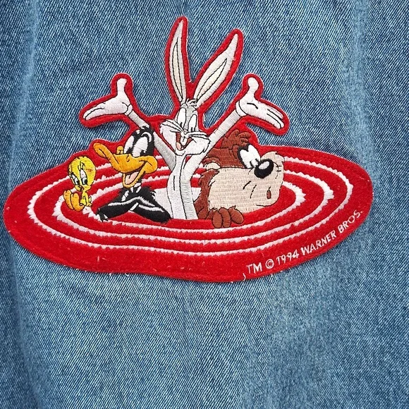 Rare VTG Looney Tunes Bugs Bunny Daffy Taz 1993 Hoodie Denim Jean Jacket 90s L - Picture 2 of 9
